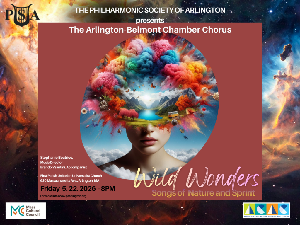 Flyer for the Arlington-Belmont Chamber Chorus 2026 concert titled Music for a Spring Evening