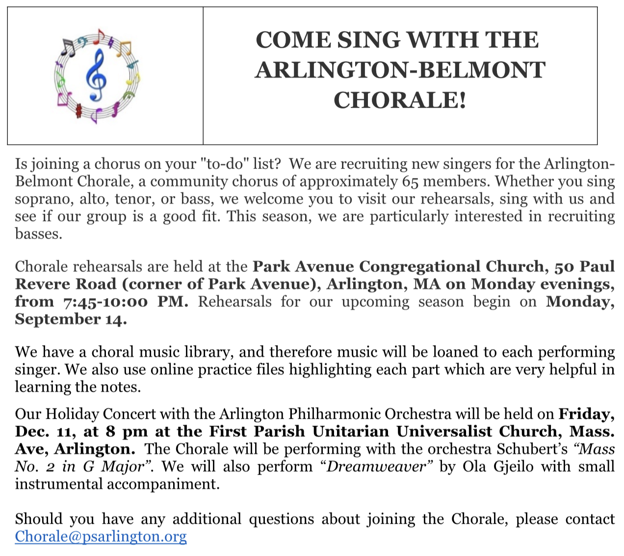 Information about joining the Arlington-Belmont Chorale season starting September 14, 2026